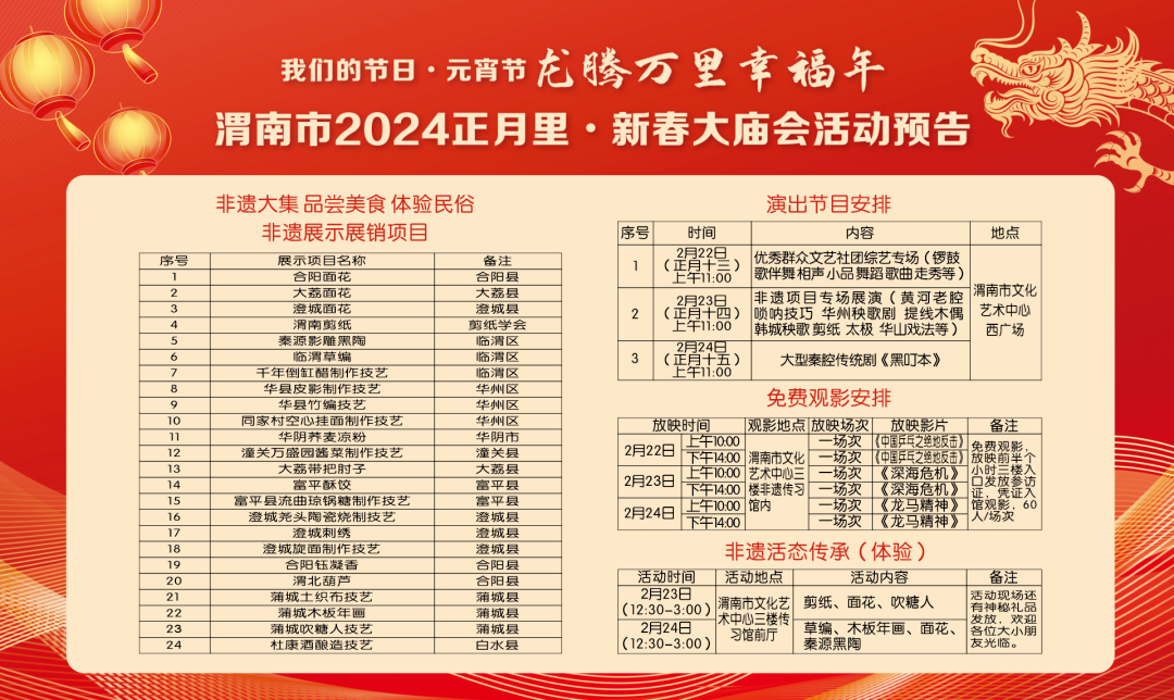 新春大庙会活动其余演出安排↓地点:市文化艺术中心广场时间:2月24日